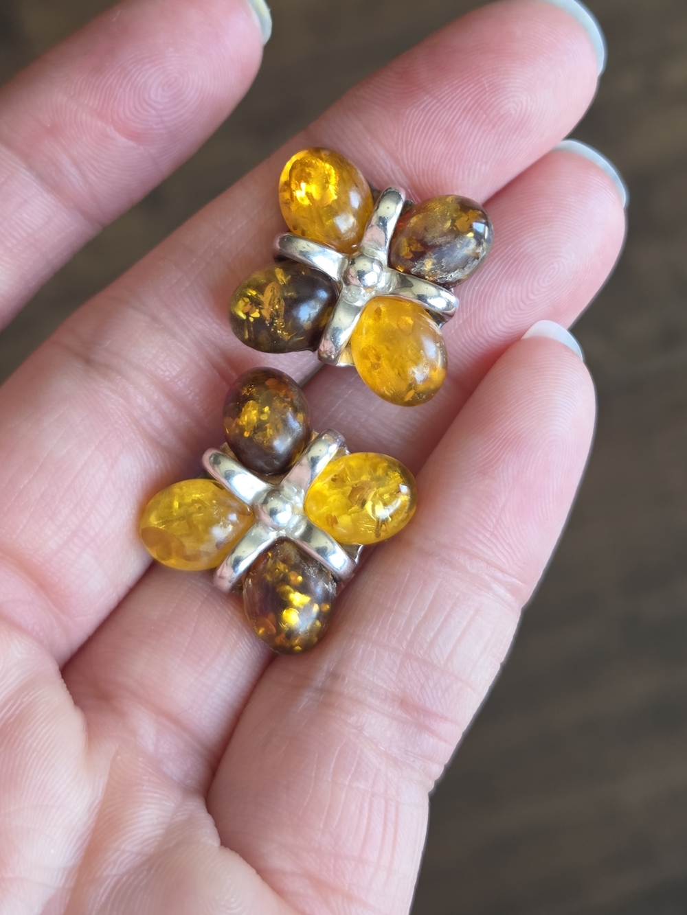 Sterling Silver Amber Flower Stud Earrings - Yellow and Brown